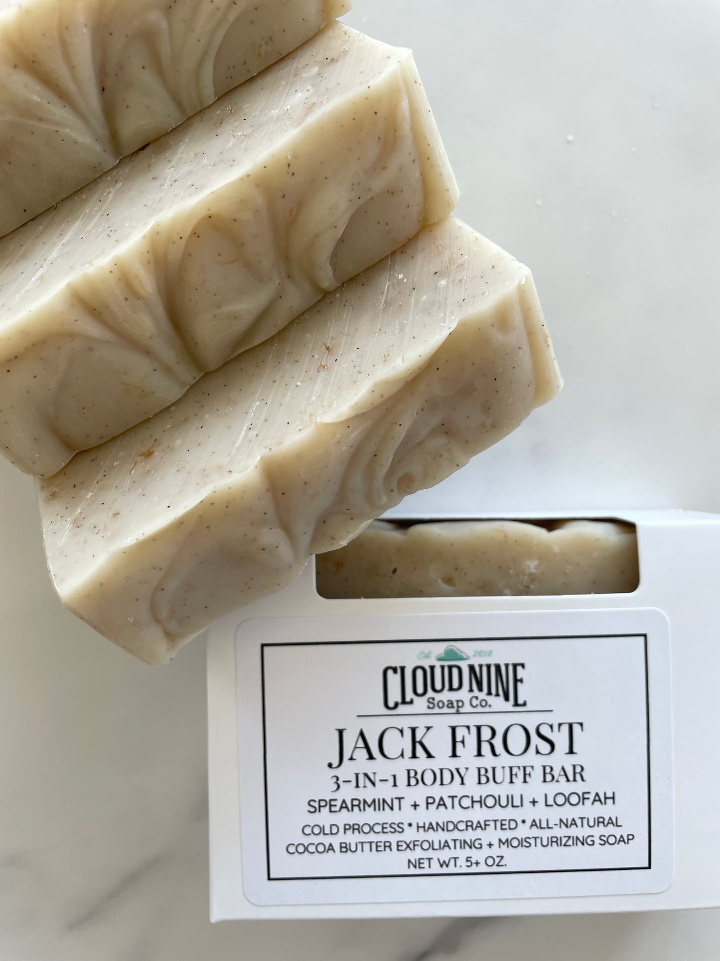 Body Buff Bar, Jack Frost: Spearmint Patchouli, Sea Salt + Loofah (Restocking May 2025)